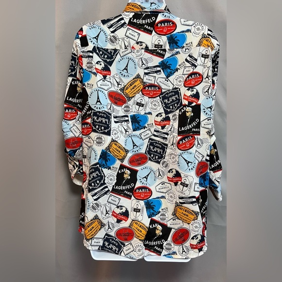 Karl Lagerfeld Paris Chiffon Womens Sz Large Blouse Logo Graffiti‎ Bright Colors - Picture 5 of 10